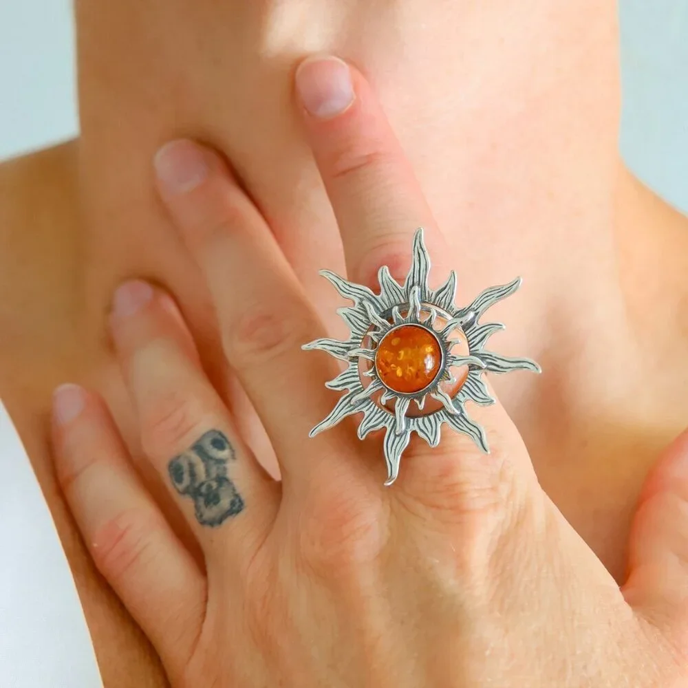 Baltic Amber Sun Ring in 925 Sterling Silver- Adjustable Size